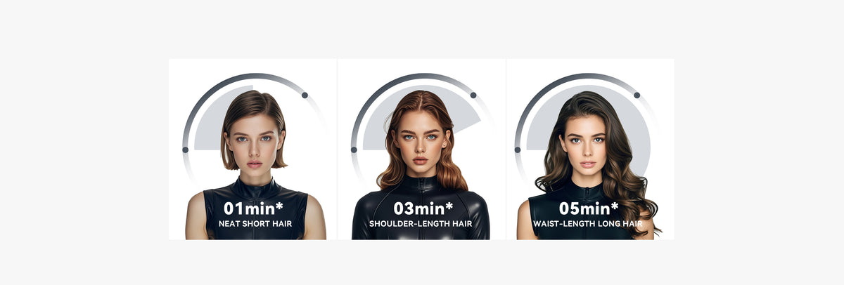 SYLPH 2 hair dryer used on short, medium and long hair, three-panel guide