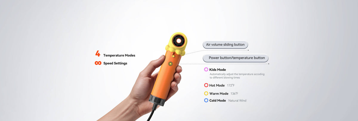 SYLPH 2 LOVELY youth hair dryer held in hand showing its speed setting options