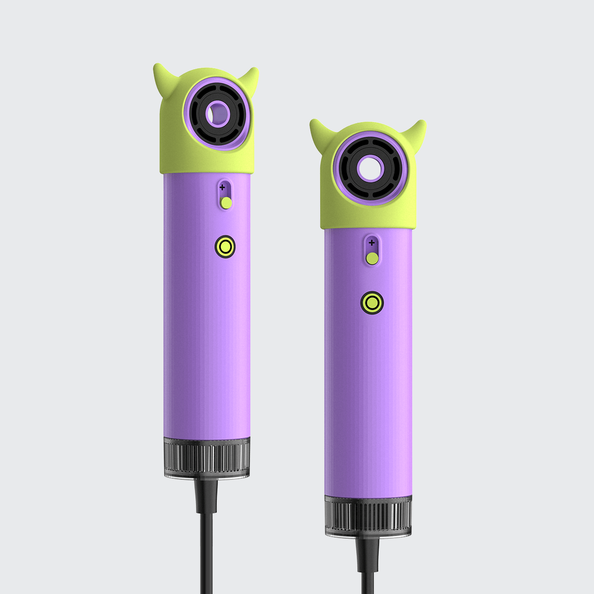 SYLPH LOVELY kids hair dryer in Demon Satan purple, front and side view