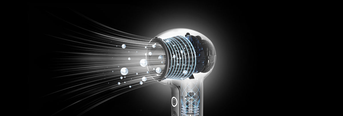 SYLPH 2 hair dryer emitting a bright airflow stream on a black background