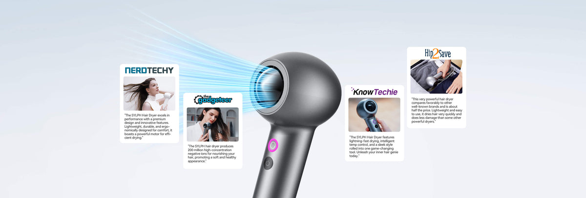 SYLPH 2 hair dryer with four feature callouts for motor, airflow and hair care