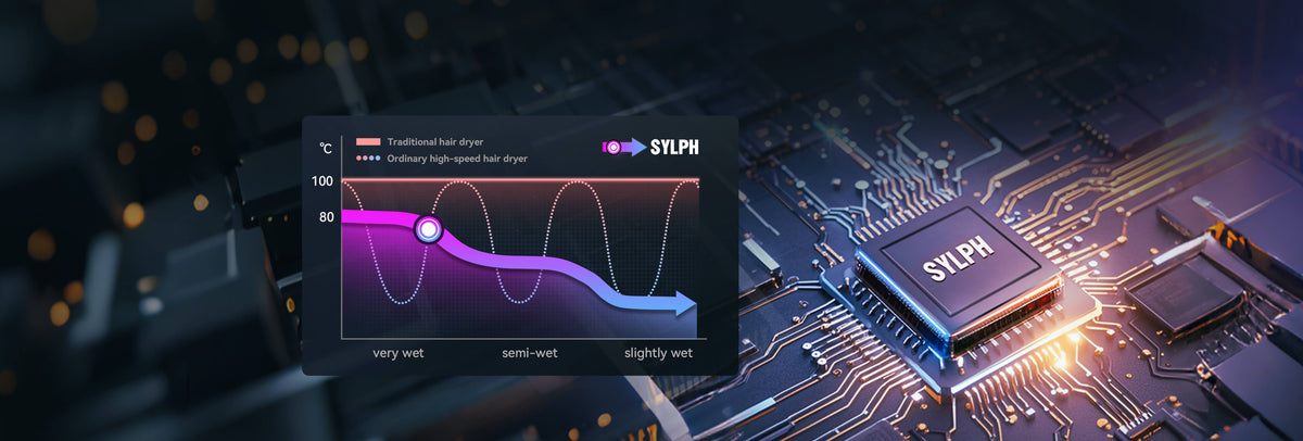 SYLPH 2 hair dryer purple airflow visualisation across a control chip