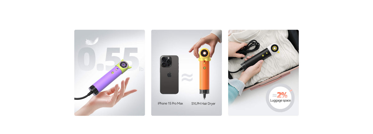 SYLPH 2 mini hair dryer collage: hand-held dryer, smartphone and colour options