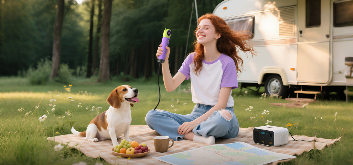 SYLPH 2 travel hair dryer in metallic grey-orange, woman at an outdoor picnic by a camper van