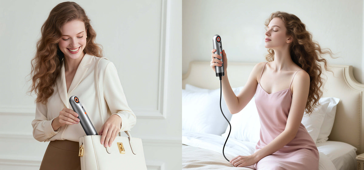SYLPH 2 hair dryers used by two women in a bright white room