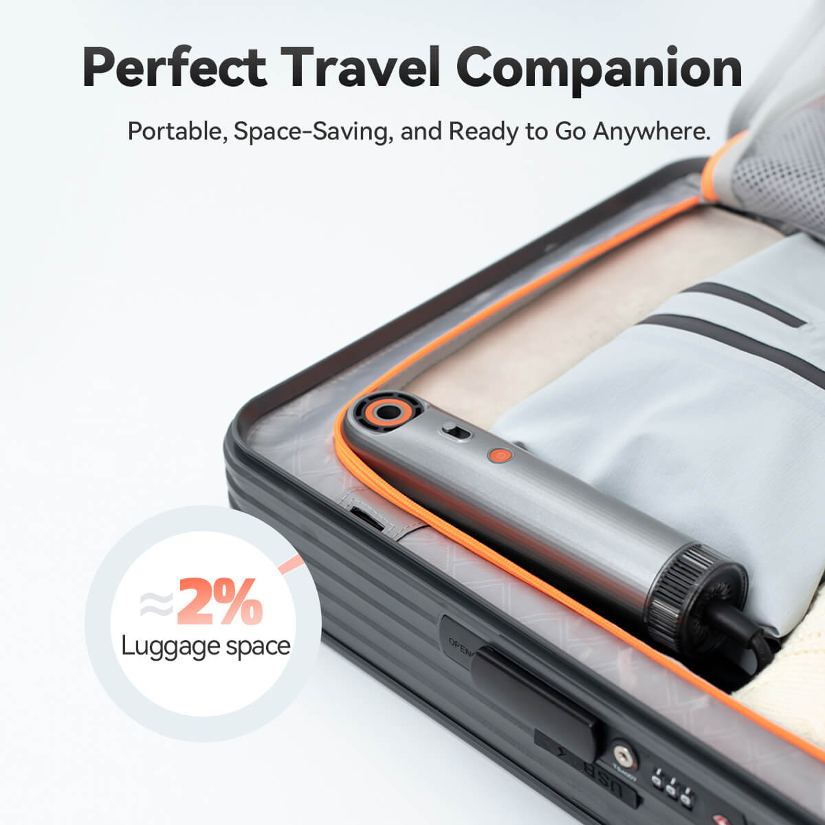 SYLPH 2 travel hair dryer packed in a suitcase using about 2 percent of the luggage space