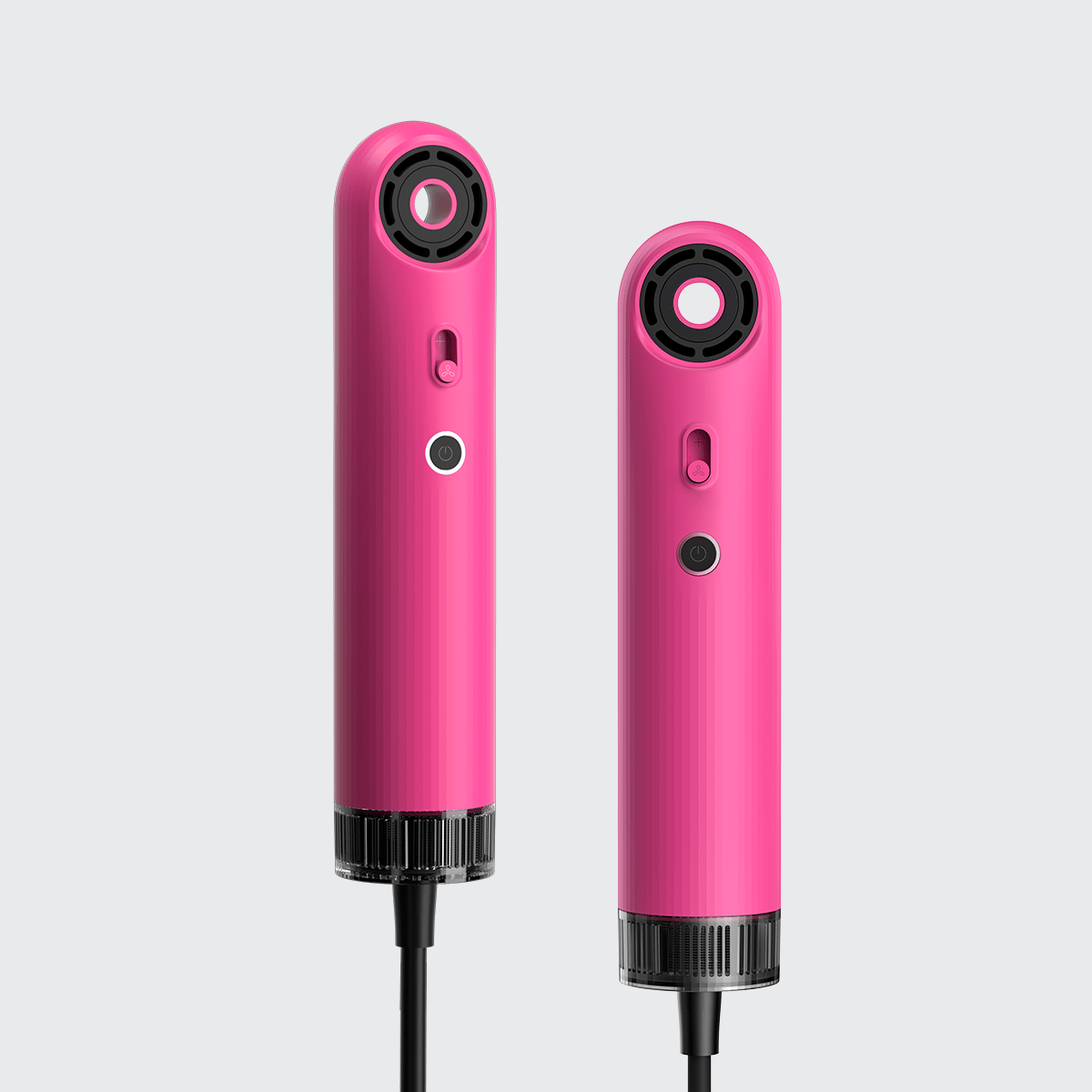 SYLPH 2 portable hair dryer in Wild Rose pink, front and side view
