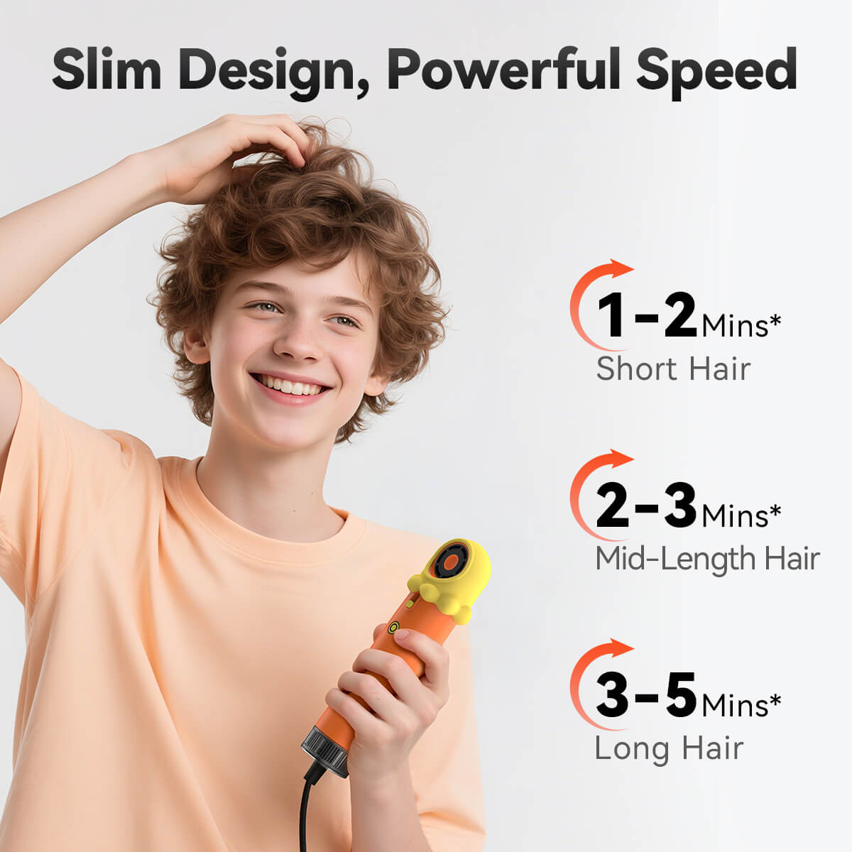 SYLPH LOVELY kids hair dryer drying times by hair length, 1 to 5 minutes