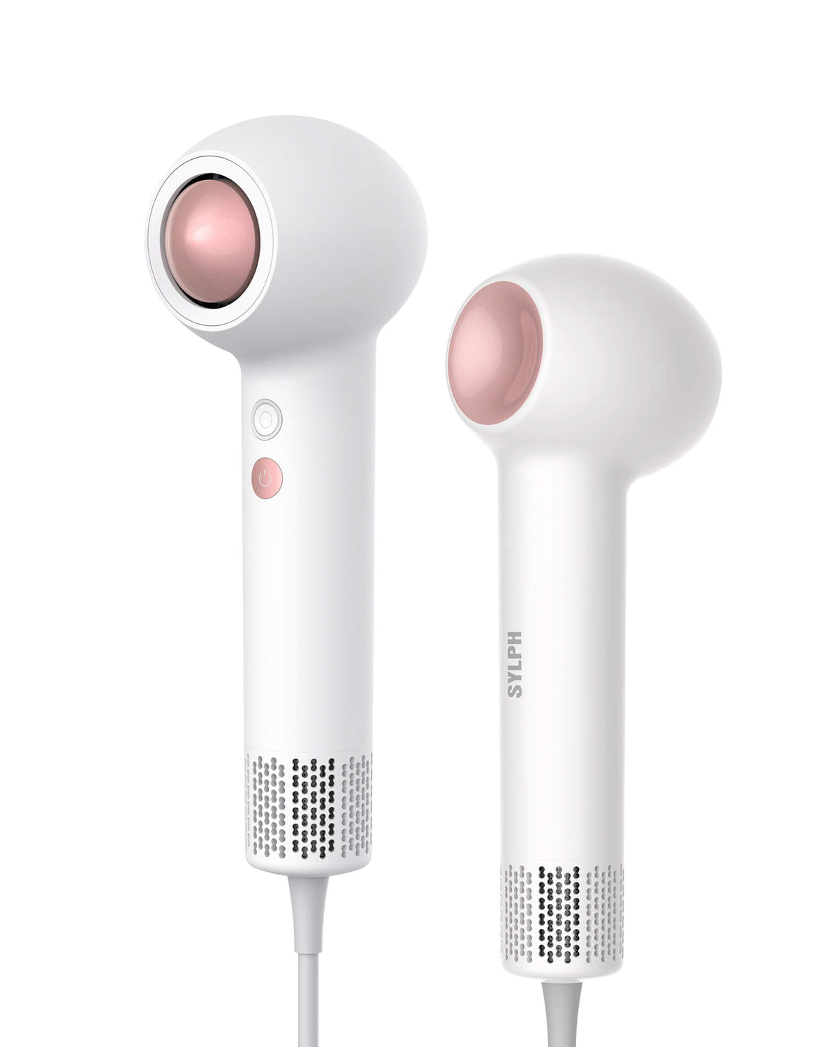 SYLPH TURBO high-speed hair dryer in Ballet white and rose gold, front and side view