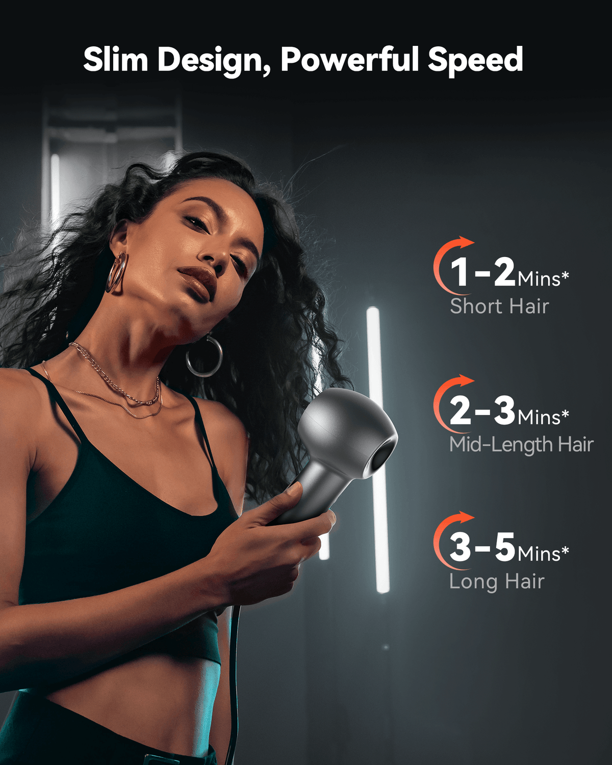 SYLPH TURBO hair dryer drying times by hair length, 1 to 5 minutes