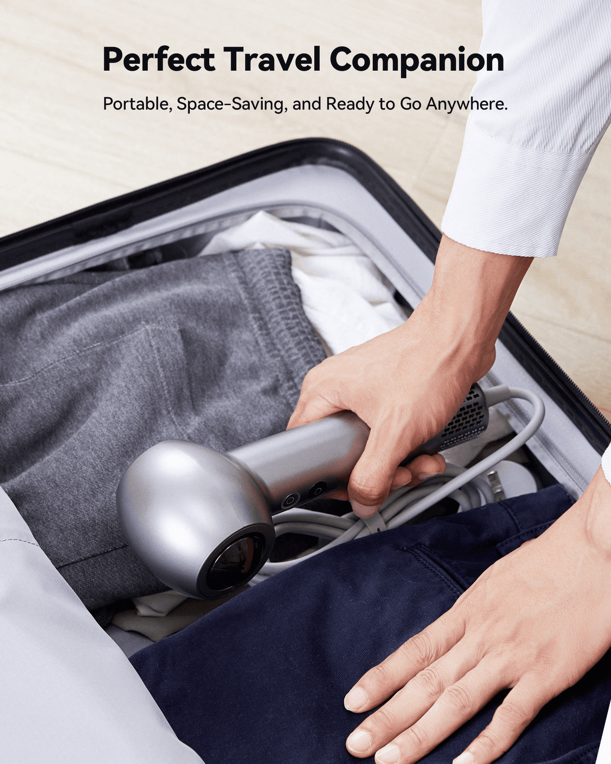 SYLPH TURBO hair dryer packed in a suitcase for travel